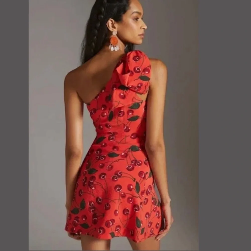 Anthropologie Maeve One-Shoulder Cherries Printed Mini Dress 14 NWT_2